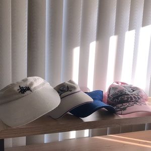 3 VISORS (Stussy, No boundaries, Blue) and 1 Pink Hat